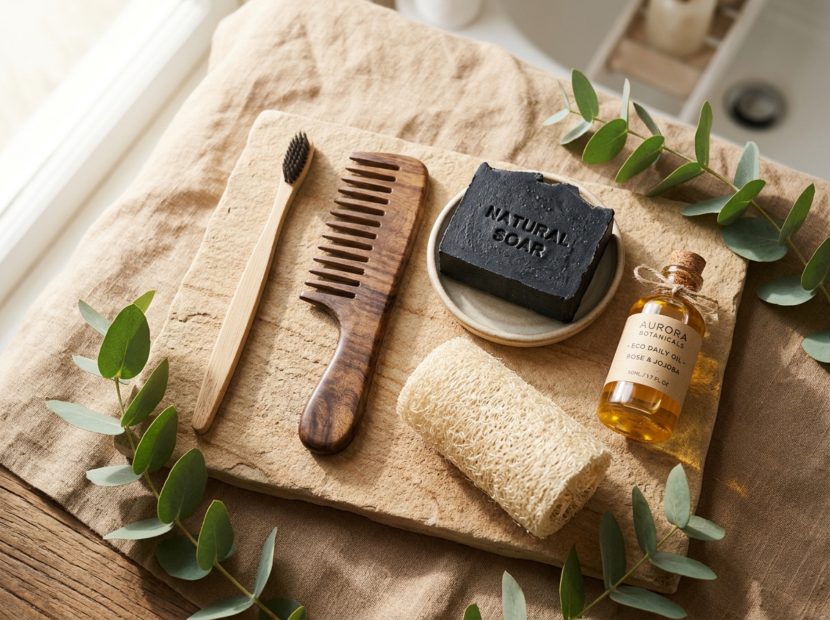 Eco-friendly zero waste natural essentials - Bamboo toothbrush, neem wooden comb, and handmade herbal soap